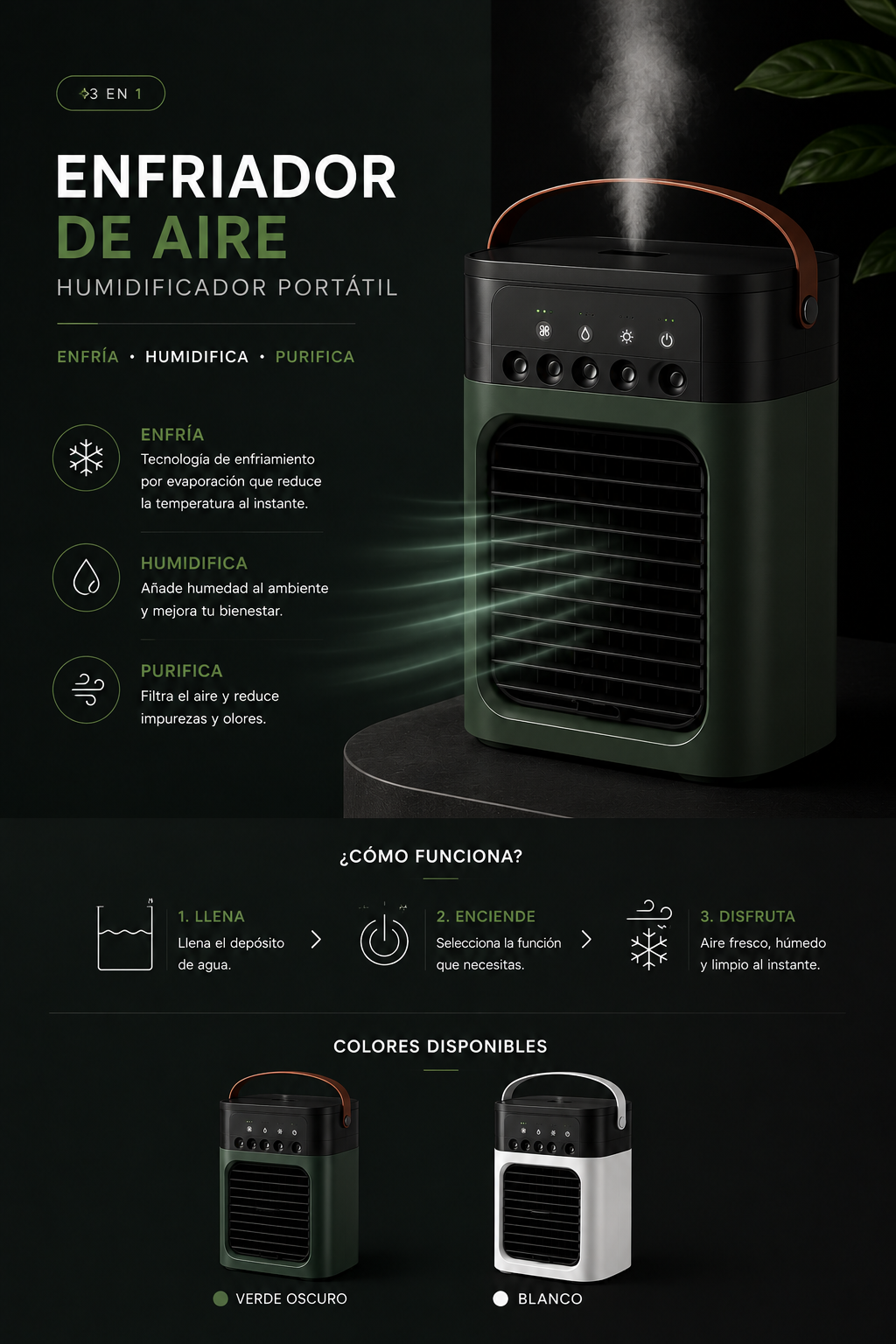 Enfriador de aire humidificador portátil 3 en 1