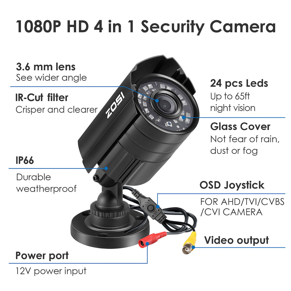 Secure Your Space with the 1080P HD TVI Security Camera - Versatile 4-in-1 Wired Bullet Camera for Indoor and Outdoor Use with Night Vision